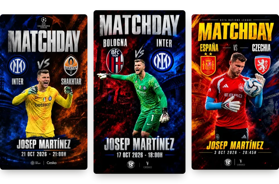 Three INV Sport Matchday posters featuring Josep Martínez: Inter-Shakhtar, Bologna-Inter and Spain-Czechia