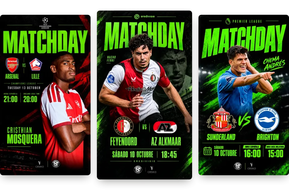 Three INV Sport Matchday posters: Arsenal-Lille with Cristhian Mosquera, Feyenoord-AZ with Nacho Ferri and Sunderland-Brighton with Chema Andrés